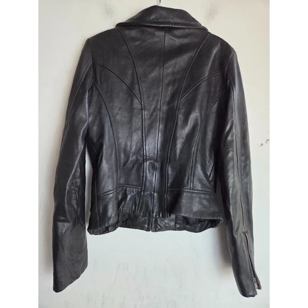 Guess Women Geniune 100% Leather Full Zip Lined Moto Pockets Jacket size Medium